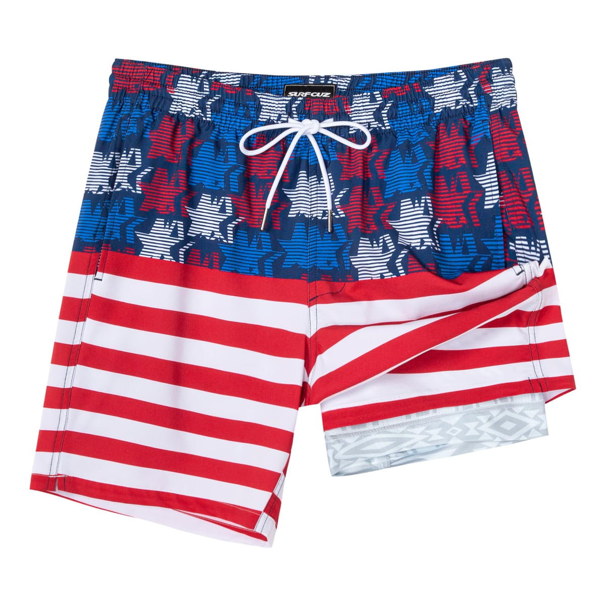 SURF CUZ Mens Swim Trunks with Compression Liner Quick Dry Swim Shorts 7" Swimming Trunks Stretch Bathing Suit 7 Inch,American Flag,XL