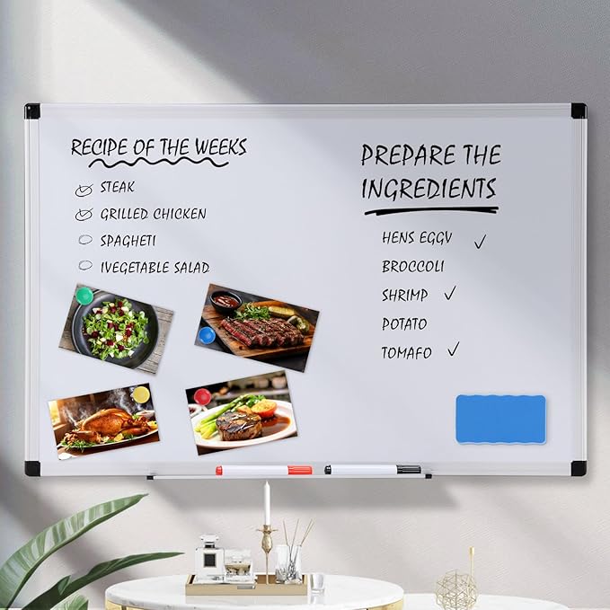 OLIXIS Magnetic White Board, Dry Erase Board for Wall 36" x 24", Whiteboard with 1 Dry Eraser & 2 Multicolor Markers & 4 Magnetic Pins, Aluminium Frame for Home, School, Office, White