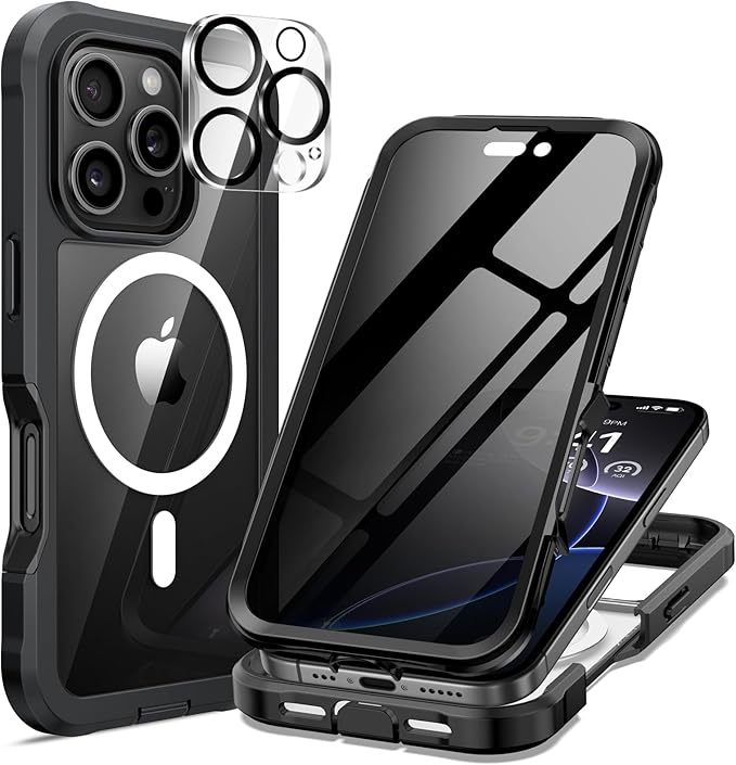 seacosmo for iPhone 16 Pro Max Case, Full Body Bumper with Built-in 9H Tempered Glass Privacy Screen Protector and Camera Lens Protector, Compatible with MagSafe, Shockproof Phone Cover, 6.9", Black