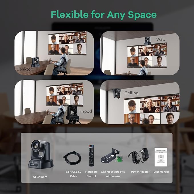 TONGVEO PTZ Camera AI Auto Tracking 12X Optical Zoom Conference Room Camera Wide View HDMI/USB3.0 60fps 1080P Video Conference for Church Worship Meeting Online Learn with Zoom YouTube OBS and More
