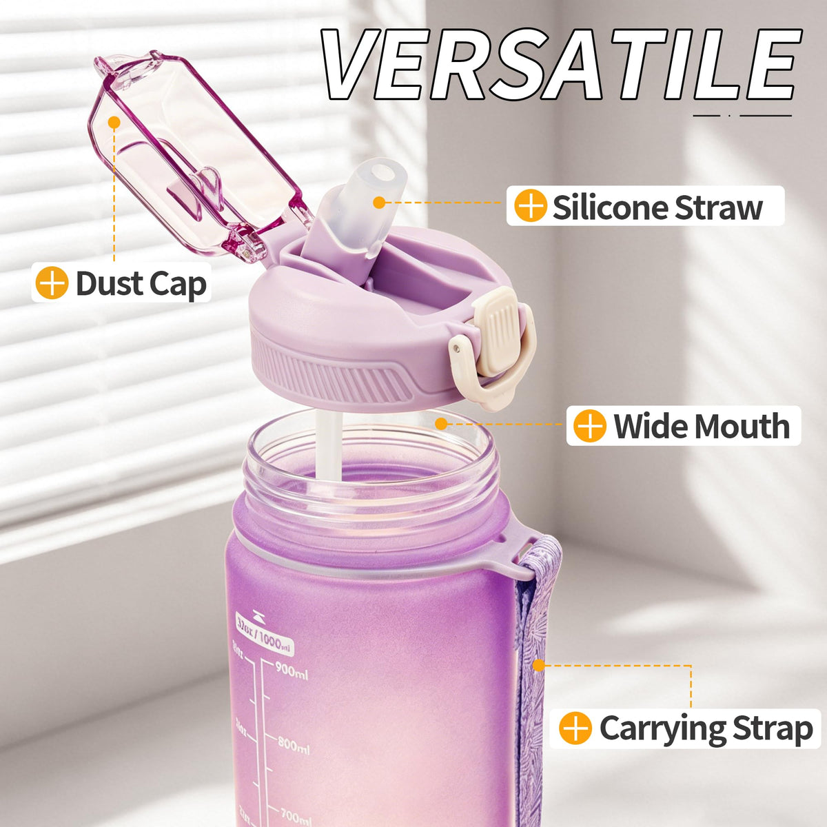 YC Kitchen 32oz Motivational Water Bottle with Straw & Carrying Strap