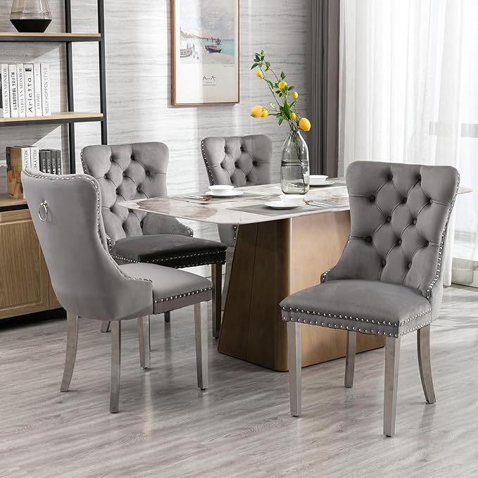 Luxury Upholstered Dining Chairs Set of 6, Grey Kitchen Chair with Silver Metal Legs, Velvet Tufted Back Dining Chair, Sillas de Comedor, Modern Kitchen & Dining Room Chairs (Gray, 6 Pcs)