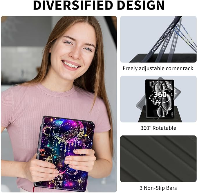 Case for Amazon Kindle Fire HD 8 Tablet &amp HD 8 Plus Tablet(12th Generation/10th Generation2024/2022/2020 Release)360 Degree Rotating Swivel Stand with Auto Wake/SleepPurple Glitter Moon