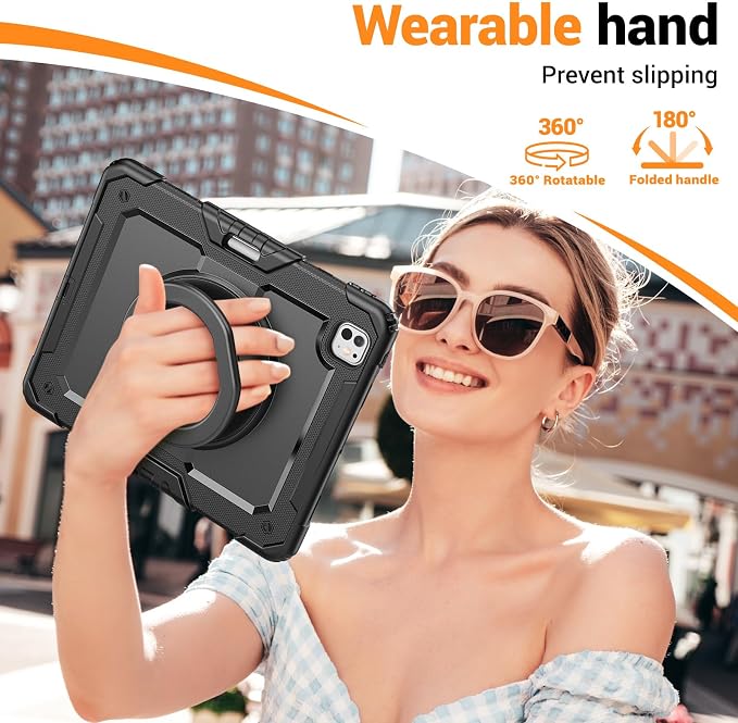 for iPad Pro 11 inch Protective Case M5 2025/M4 2024: Heavy Duty Shockproof Case with Pencil Holder - 360°Rotating Handle/Stand - Screen Protector - Shoulder Strap Black/Sky Blue