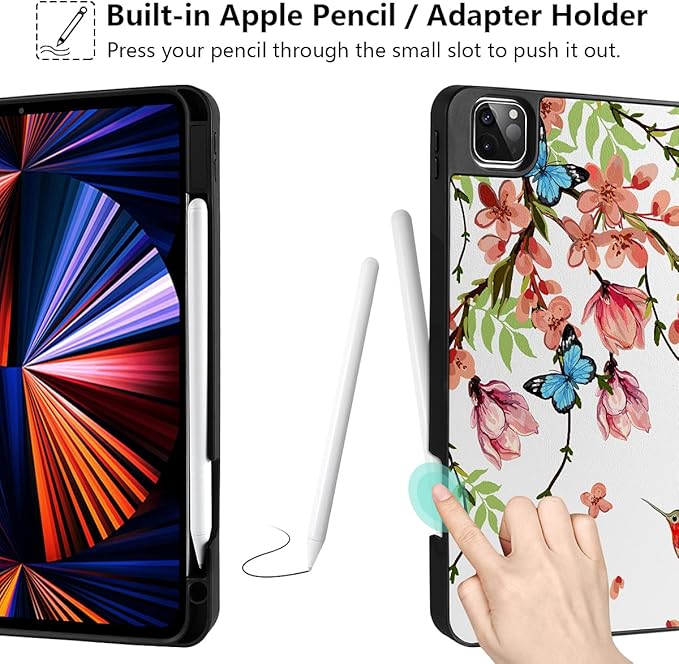MEEgoodo for iPad Pro M2 12.9 Case 6th/5th/4th/3rd Generation 2022 2021 2020 2018 with Pencil Holder Tablet Cover with Soft TPU Back Shell Art Painted Flowers