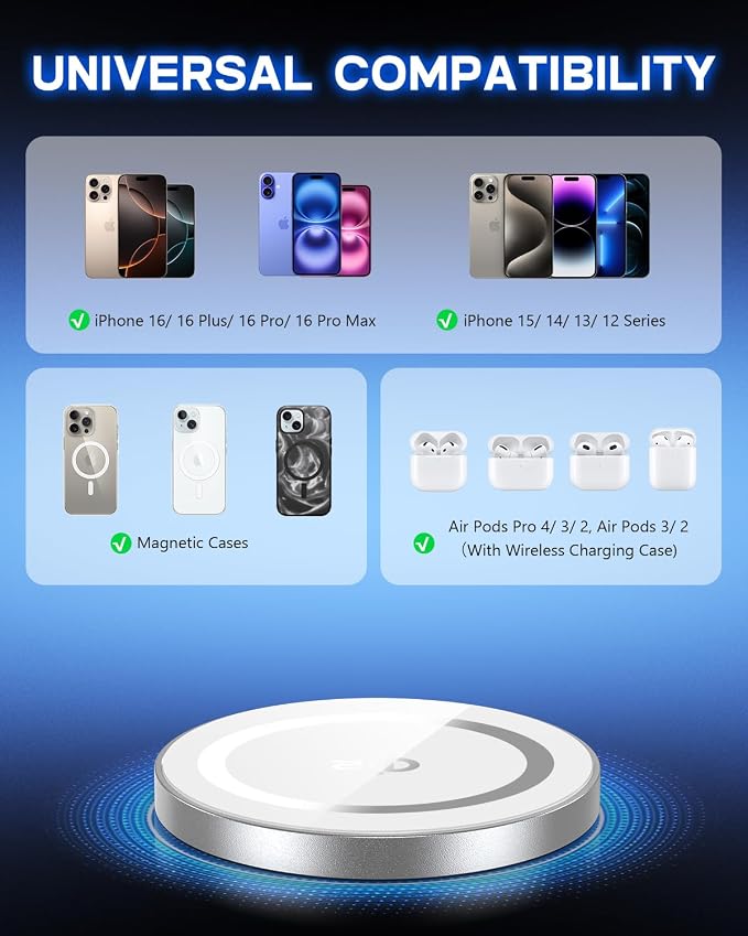 Yootech for Mag-Safe Charger Qi2 15W Fast Wireless Charging Pad | Qi2 Certified Magnetic Charging Compatible with iPhone 17/17 Pro/17 Pro Max/Air/16/15/14/13/12 Series(No Adapter)(Silver)