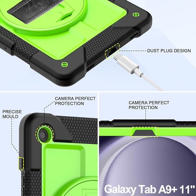 BMOUO for Samsung Galaxy Tab A9+ Plus Case 11 2023 (SM-X210/X216/X218) Shockproof Galaxy Tab A9 Plus Case with Rotating Stand and Hand/Shoulder Strap Black