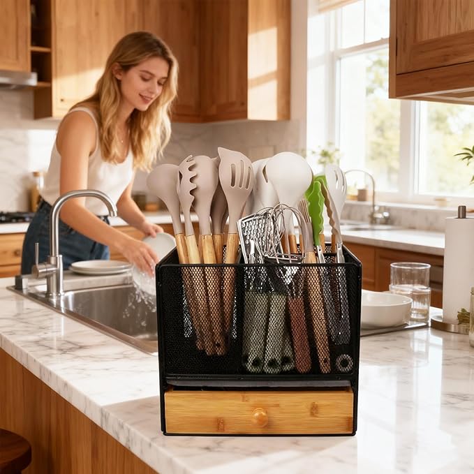 Kitchen Utensil Holder Countertop,Extra Large Utensil Organizer with Drawer