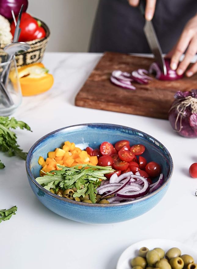 LE TAUCI Pasta Bowls 45 Ounce, Ceramic Salad Bowl, Large Serving Bowl Set - Set of 4, Ceylon Blue