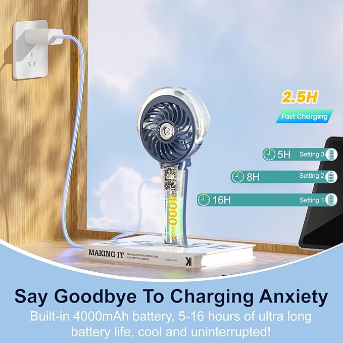 HandFan 4000mAh Upgraded Handheld Misting Fan, 50ml Water Tank, Rechargeable Personal Mister Fan Portable AC, Spray Water Mist Fans, Foldable Cooling Ice Fans for Beach Travel Disney(Royal Blue)