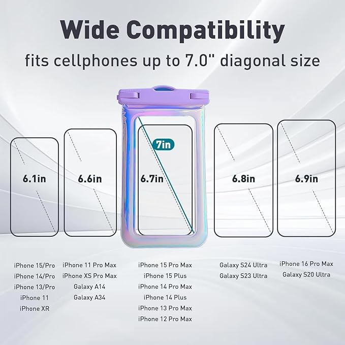 Floatable Waterproof Phone Pouch Case 2 Pax for iPhone 16 Pro Max/15/14/13/12, IP68 Travel Cellphone Dry Bag Beach Cruise Ship Essentials Bags with Crossbody Lanyard, Iridescent Purple and Black-7″