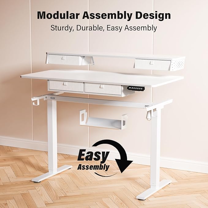 Electric Standing Desk with 4 Drawers 48''x 24'' Adjustable Height Sit to Stand Up Desk with Storage Shelf, C-Clamp Mount Compatible Black Home Office Desks Computer Gaming Table Ergonomic Workstation
