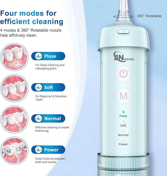 JNGOODS Mini Portable Water Flosser Oral Irrigator Water Teeth Cleaner Pick, Telescopic Water Tank, 4 Modes & IPX7 Waterproof, Home & Travel Water Flossers for Teeth, Braces Bridges Care. (Pearl Blue)