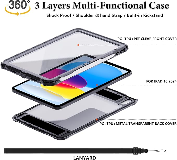 for iPad (A16) 11th Generation 2025 / 10th Generation 2022 Waterproof Case [Built-in Screen Protector] [IP68 Waterproof] [Military Drop Proof] Heavy Duty Shockproof Protective Cover Black