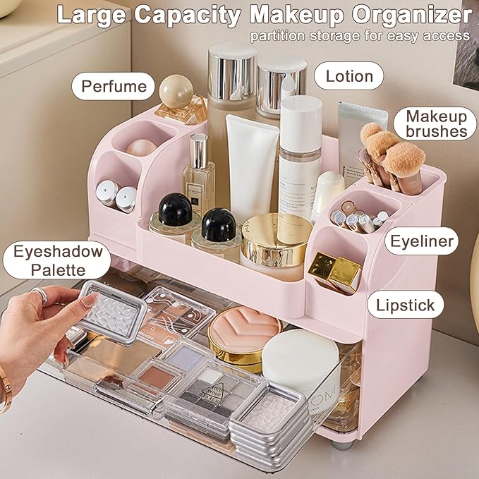 DASITON Large Capacity Makeup Organizer for Vanity with 2 Drawers, Skincare Organizers with Makeup Brush Holder, Cosmetic Display Case for Dresser Vanity Bathroom Countertop (Pink)