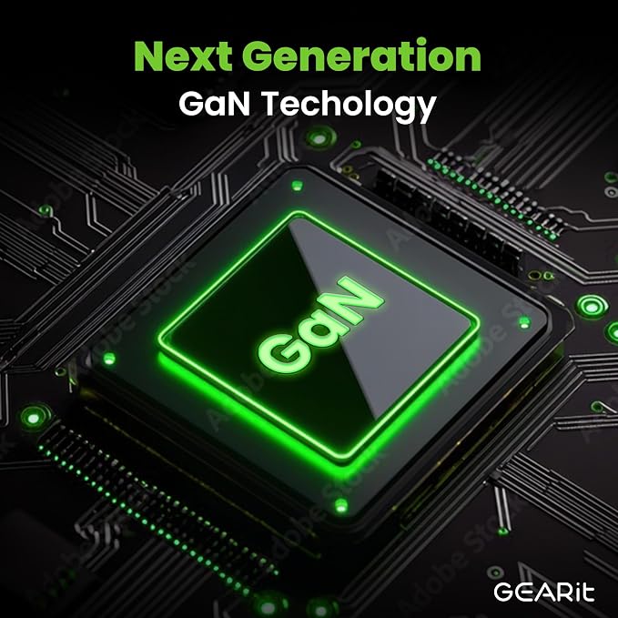 GEARit 65W GaN Charger Retractable USB C Cable + 2 Ports Digital Display | Retractable USB-C wall charger for iPhone Samsung Galaxy Watch earbuds. Foldable plug GaN fast charge wattage display