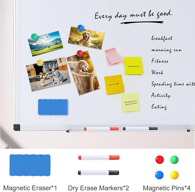OLIXIS Magnetic White Board, Dry Erase Board for Wall 36" x 24", Whiteboard with 1 Dry Eraser & 2 Multicolor Markers & 4 Magnetic Pins, Aluminium Frame for Home, School, Office, White