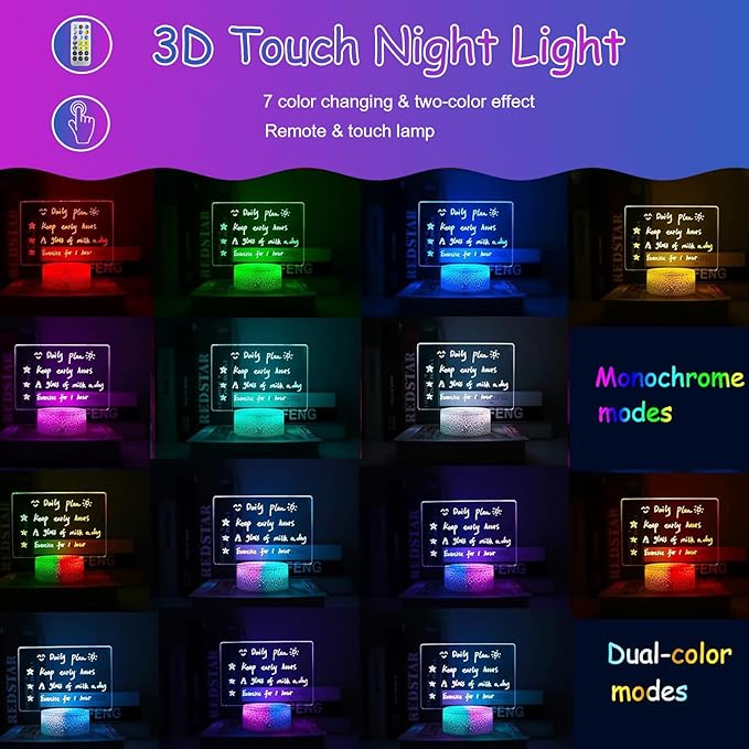 Acrylic Dry Erase Board with Light, 7 Colors Clear Desktop Note Memo Board with Remote & Timer, Dimmable 3D Touch Control Night Light, Creative Lighted Message Board for Study Work