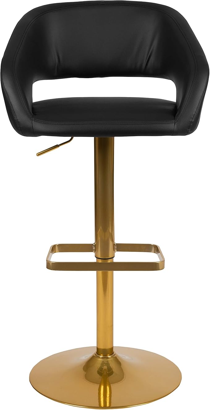 Flash Furniture Erik Comfortable & Stylish Contemporary Barstool with Rounded Mid-Back and Foot Rest, Adjustable Height - Black Vinyl with Gold Base, Set of 2