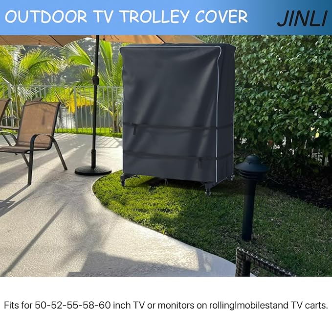 JINLI 55-60 inch outdoor TV trolley cover, courtyard TV cover, Oxford fabric waterproof and dustproof, triple windproof design, compatible with rolling/mobile stand