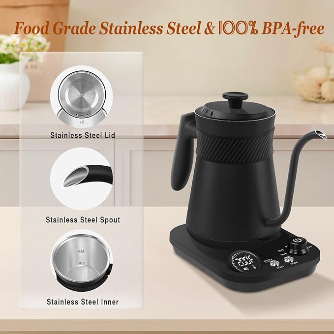 Secura Electric Gooseneck Kettle with 5 Temperature Control Presets, 100% Stainless Steel Inner Tea/Coffee Kettle with 1.5H Keep Warm, 1200 Watt Quick Heating for Coffee Tea Brewing, 0.8L, Matte Black