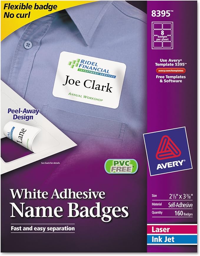 Avery 8395 Laser/Inkjet Name Badges,2-1/3-Inch x3-3/8-Inch,160/PK,Plain WE