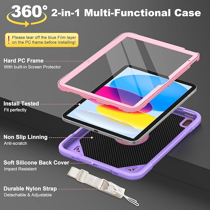 Case for iPad A16 11th / 10th Gen 10.9-Inch 360° Rotating Kickstand | Kids Shockproof Protective Cover with Handle Shoulder Strap &amp Pencil Holder Durable Silicone Case for Girls Black