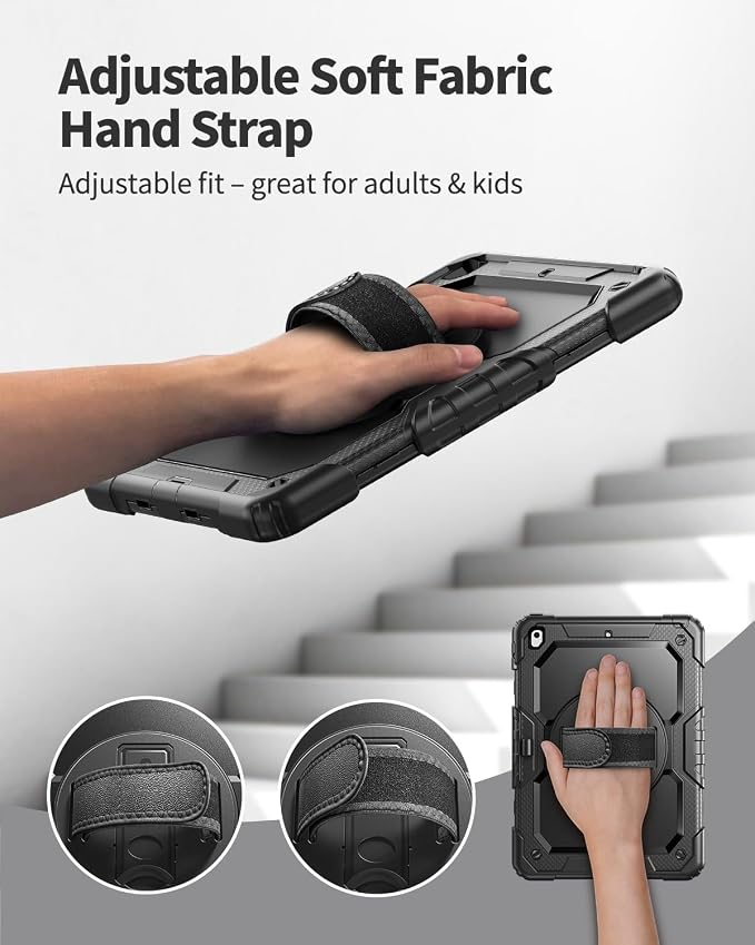 Ambison Case for iPad (A16) 11th/10th Generation 11''/10.9'' Black | Hand Strap 9H Tempered Glass Screen Protector Rotating Stand Shoulder Strap Heavy Duty Shockproof Pencil Holder