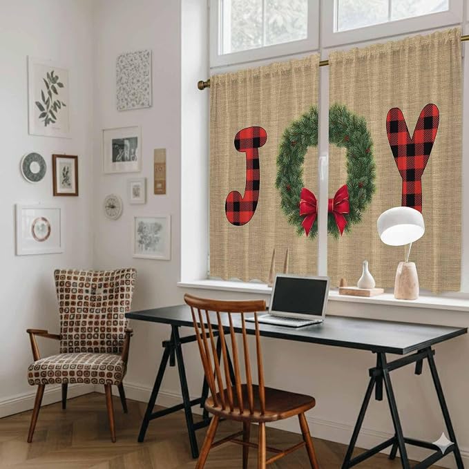 Red Green Christmas Kitchen Tier Curtains 45 Inch Long 2 Panel Set, Rod Pocket