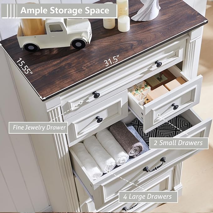 Farmhouse 7 Drawers Dresser for Bedroom, 57" Tall Dressers & Chests of Drawers w/Roman Column, Large Storage Dressers Organizer for Bedroom, Hallway, Living Room, White