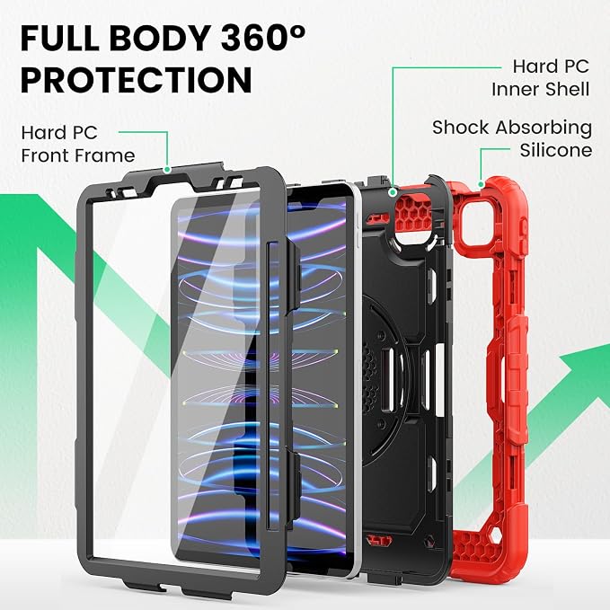 SEYMAC Case for iPad Pro 11 4th/3rd/2nd/1st Gen 2022-2018 Black | Full-Body Shockproof Protective Built-in Screen Protector 360° Rotating Stand Hand/Shoulder Strap Pencil holder
