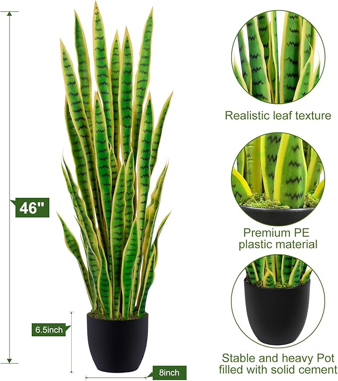 4ft Artificial Snake Plant – 46in Faux Sansevieria Plants, Fake Floor Plant for Indoor Outdoor, Front Porch Patio Home Office Decor, Mother-in-Law’s Tongue, Yellow 1Pcs