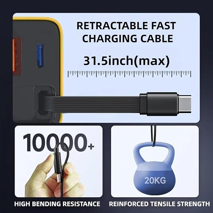 3 in 1 GaN Charger80w Fast Charger Adapter with Type-C Cable &amp 2 USB PortsMulti-Functional Retractable All in one Charger for PhoneTabletslaptops (Yellow)