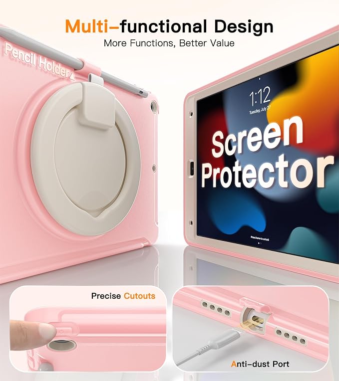 BATYUE Shockproof Case for iPad 9th 8th 7th Gen 10.2 Inch Black | 3in1 PC+TPU Heavy Duty 360° Rotatable Ring Stand for Grip Carry Hang &amp Multi-Angle View Screen Protector Pencil Holder
