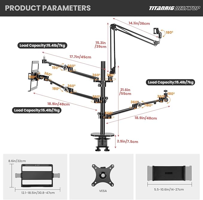 TARION Overhead Camera Desk Mount: 4-in-1 Heavy Duty Mount Set with 1 Mic Boom Stand + 3 Articulating Arms for DSLR Cameras Ring Light Monitor Laptop - Live Stream Stand TitanRig Desk