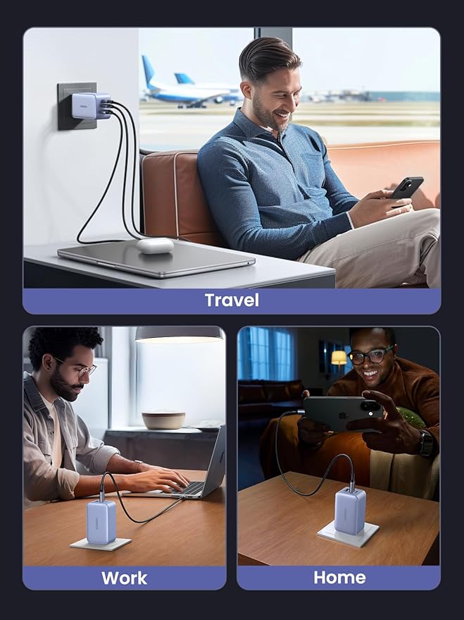 UGREEN 65W USB C Charger Block, Nexode 3-Port GaN Fast Type C Charger, Compact Foldable Power Adapter for MacBook Pro/Air, Dell XPS, iPhone 16/15, iPad Pro, Galaxy S25, (Glacier Blue)