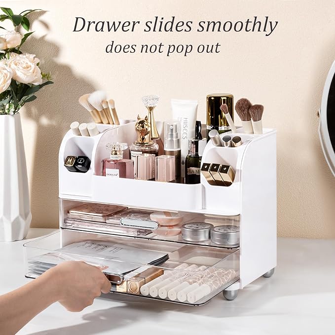 Anyoifax Makeup Organizer Countertop with Large Drawers, Vanity Organizer with Brush Holder, Skin Care Storage for Dresser, Perfume Organizer for Lotion, Lipsitck, Palette, White