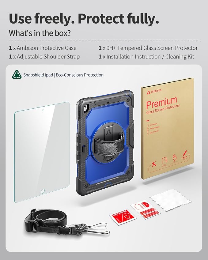 Ambison Case for iPad (A16) 11th/10th Generation 11''/10.9'' Black | Hand Strap 9H Tempered Glass Screen Protector Rotating Stand Shoulder Strap Heavy Duty Shockproof Pencil Holder