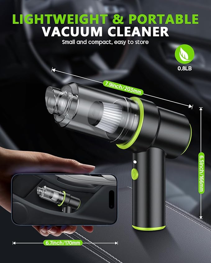 CODN Handheld Car Vacuum Portable Cordless 12000PA, 2 in 1 Handheld Vacuum Cleaner and Air Duster with Multi-Nozzles and LED Light, Mini Hand Held Vacuum Rechargeable for Home, Car, Office, Pet Hair