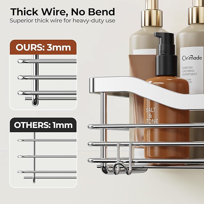 Orimade Shower Caddy Basket Shelf Storage Rack Pack of 2, No Drilling Wall Mounted Adhesive Rust Proof Stainless Steel Shower Organizer with 5 Hooks for Bathroom, Toilet, Kitchen
