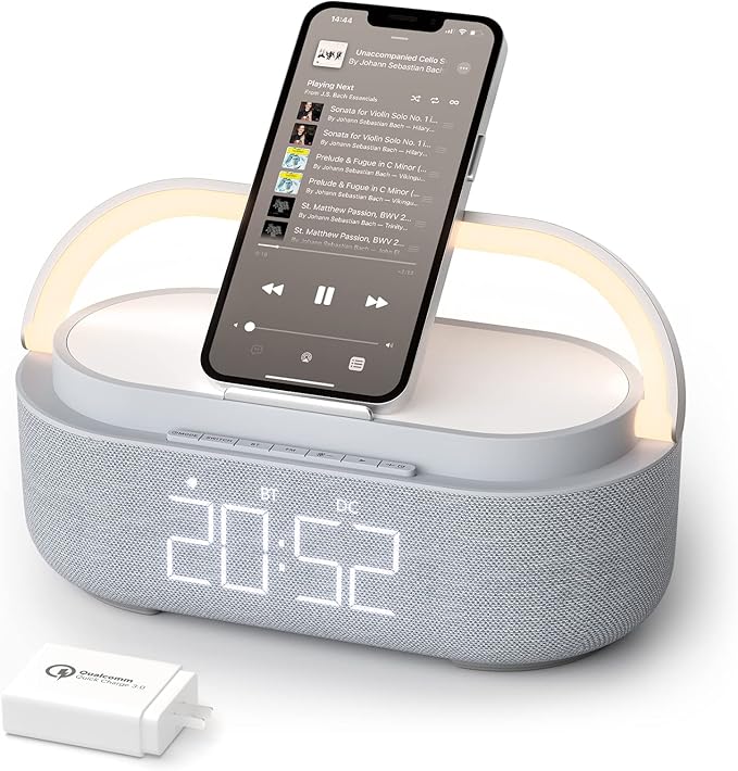 COLSUR Bluetooth Speaker Alarm Clock with Wireless Charger, FM Radio, Adjustable LED Night Light, 6 in 1 Bedroom Portable Speaker 2500mAh, Phone Stand for Bedside, Home, Office, Gift (Gray)