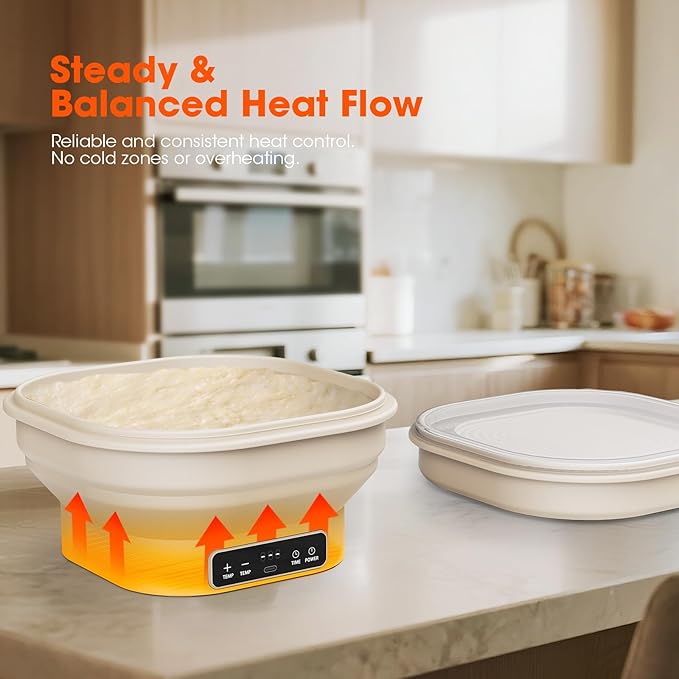 Upgrade Heating Sourdough Bread Proofing Basket Kit, Electric Thermostatic Silicone Banneton Baking Supplies, 6 Adjustable Temperature, 10 Inch Square Foldable Sourdough Proofing Bowl