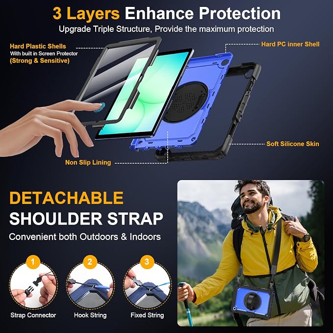 Case for Samsung Galaxy Tab A11+ Plus 11 Inch Ubearkk for Galaxy Tab A9+ Plus Case Full-Body Drop Protection Cover with Screen Protector 360° Rotating Stand and Hand/Shoulder StrapBrightblue