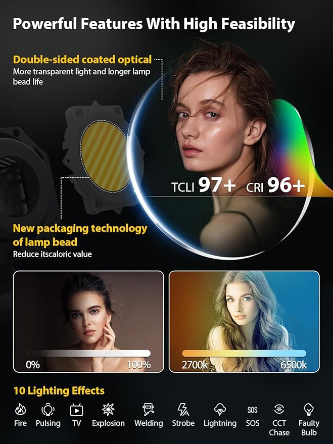 Video Light, COLBOR CL330 330W Continuous Lighting 2700-6500K Bi-Color CRI96+ 65,800Lux@3.3ft COB Studio Light Professional with Bowens Mount APP 10 Light Effects, LED-Video-Ligh-Photographyt-Studio