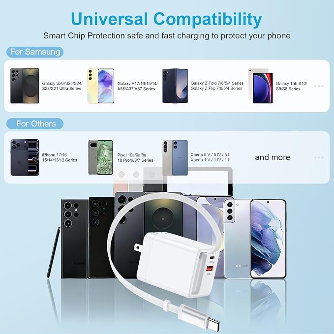 35W USB C Charger with Retractable Cable3-Port Foldable Wall Plug PD &amp QC Fast Charging Block with Type C Cable for iPhone 17e/17 Pro Max/16e/16/16 Pro Max/15/15 Plus/Samsung Galaxy S26/S25/S24/S
