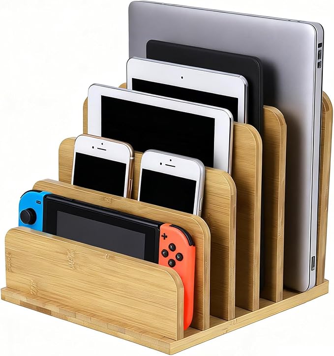 Device Organizer Holder 5 Slots Bamboo Stand for Organizing Electronic Devices Organize Tablets Smartphones Laptops and Game Consoles Slot Width are Adjustable Also Organize Mails and Files