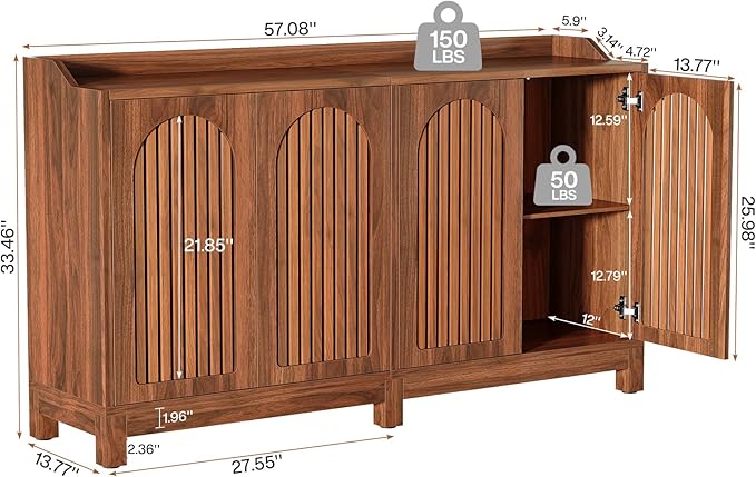 Tribesigns Sideboard Buffet Cabinet, 57" Farmhouse Storage Cabinet with Shutter Doors and Adjustable Shelf, Freestanding Kitchen Cabinet TV Stand for Dining Room, Living Room, Kitchen