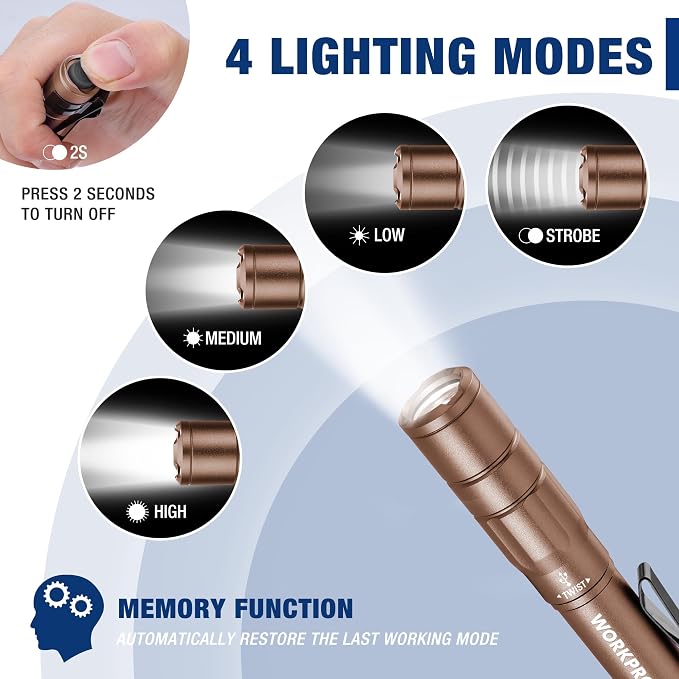 WORKPRO Rechargeable Pen Light 2 Pack Ultra-Compact EDC Flashlight Black | Mini Flashlight Pocket Flashlight with Clip Memory Function and 2 x USB C Cable Included