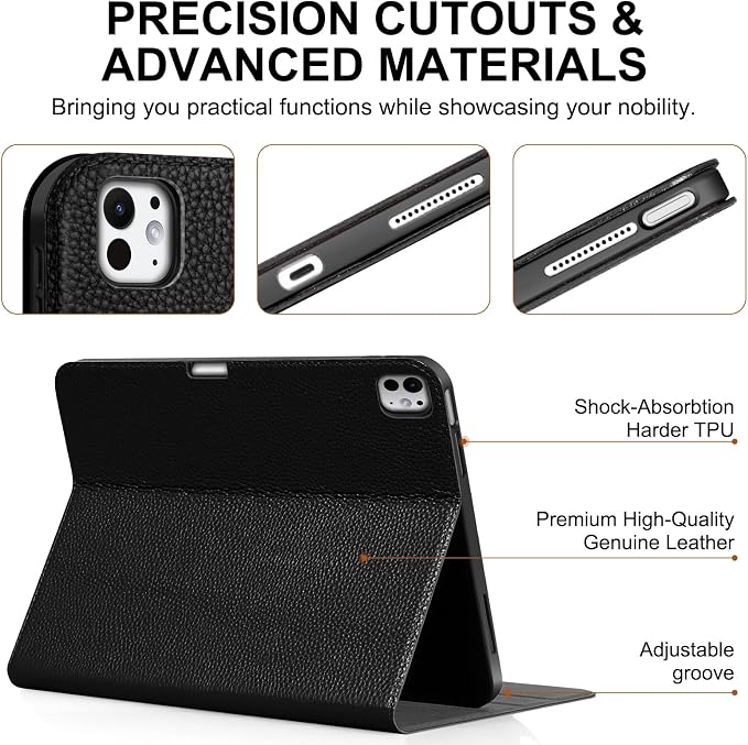 Genuine Leather Case for iPad 11th Gen 11/10th Gen 10.9 Black | Pencil Holder Adjustable Stand Auto Wake/Sleep Shockproof