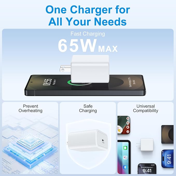 65W USB C Charger Block for iPhone 17 16 15 14 13 12 11 Pro Max Plus | PD 3.0 Super Fast Charging Wall Charger USBC Power Adapter Type C Brick Cube for Samsung Galaxy S26 Ultra S25 S24 S23